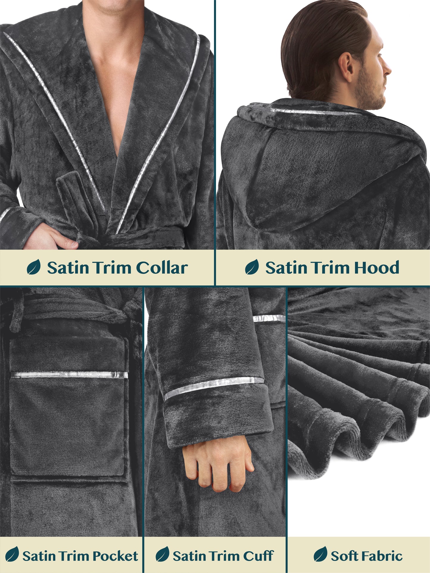 Men's Satin Trim Fleece Robe with Hood