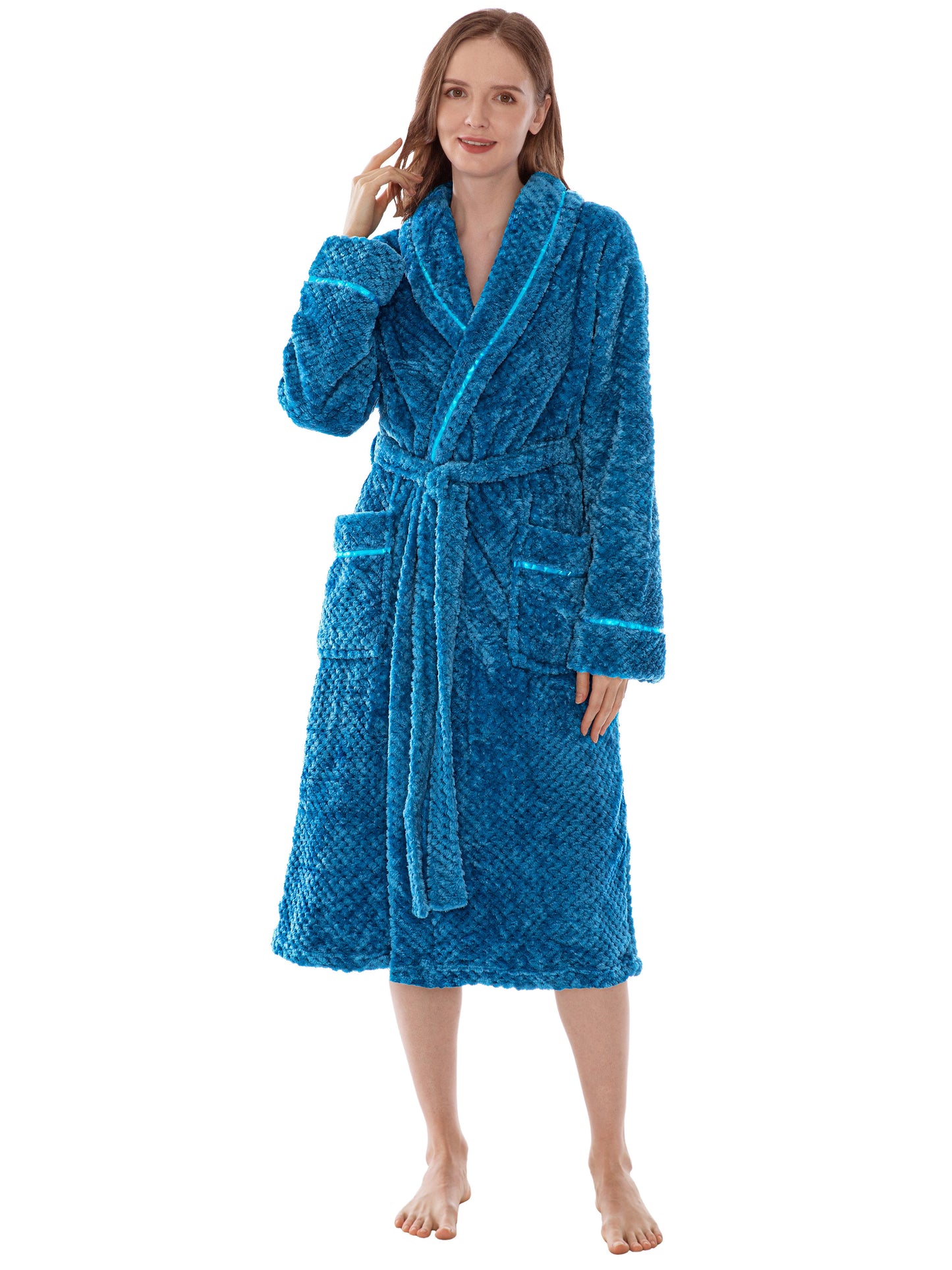 Women's Waffle Textured Satin Trim Fleece Robe
