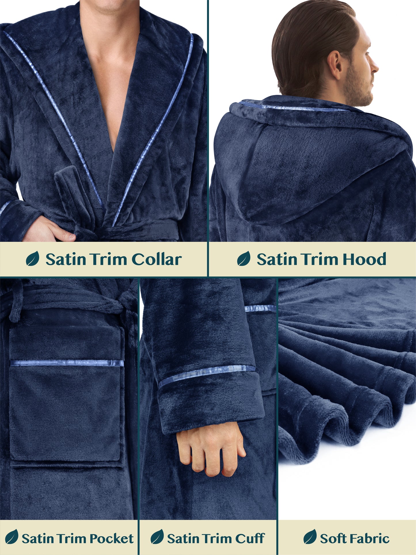 Men's Satin Trim Fleece Robe with Hood
