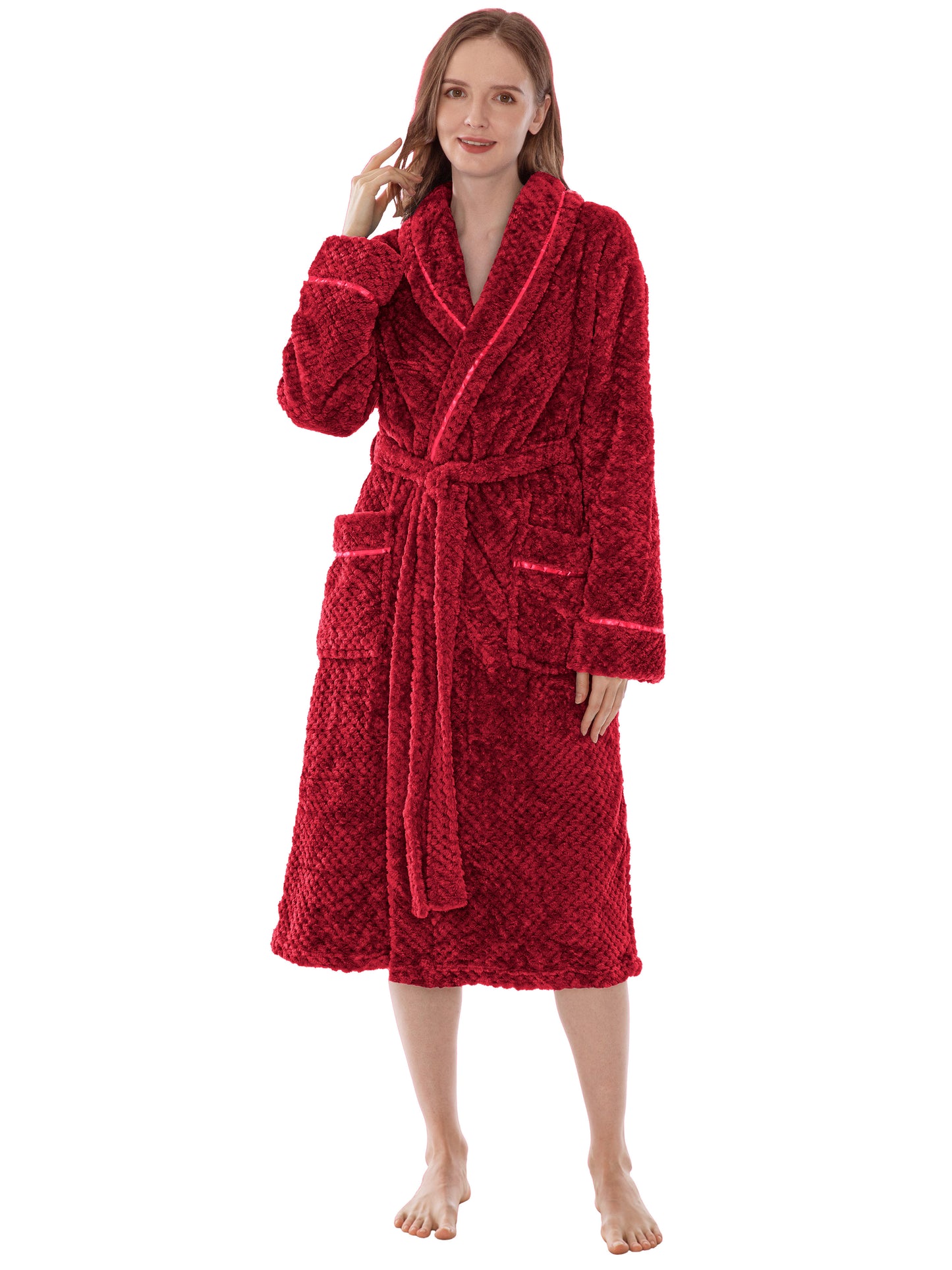 Women's Waffle Textured Satin Trim Fleece Robe