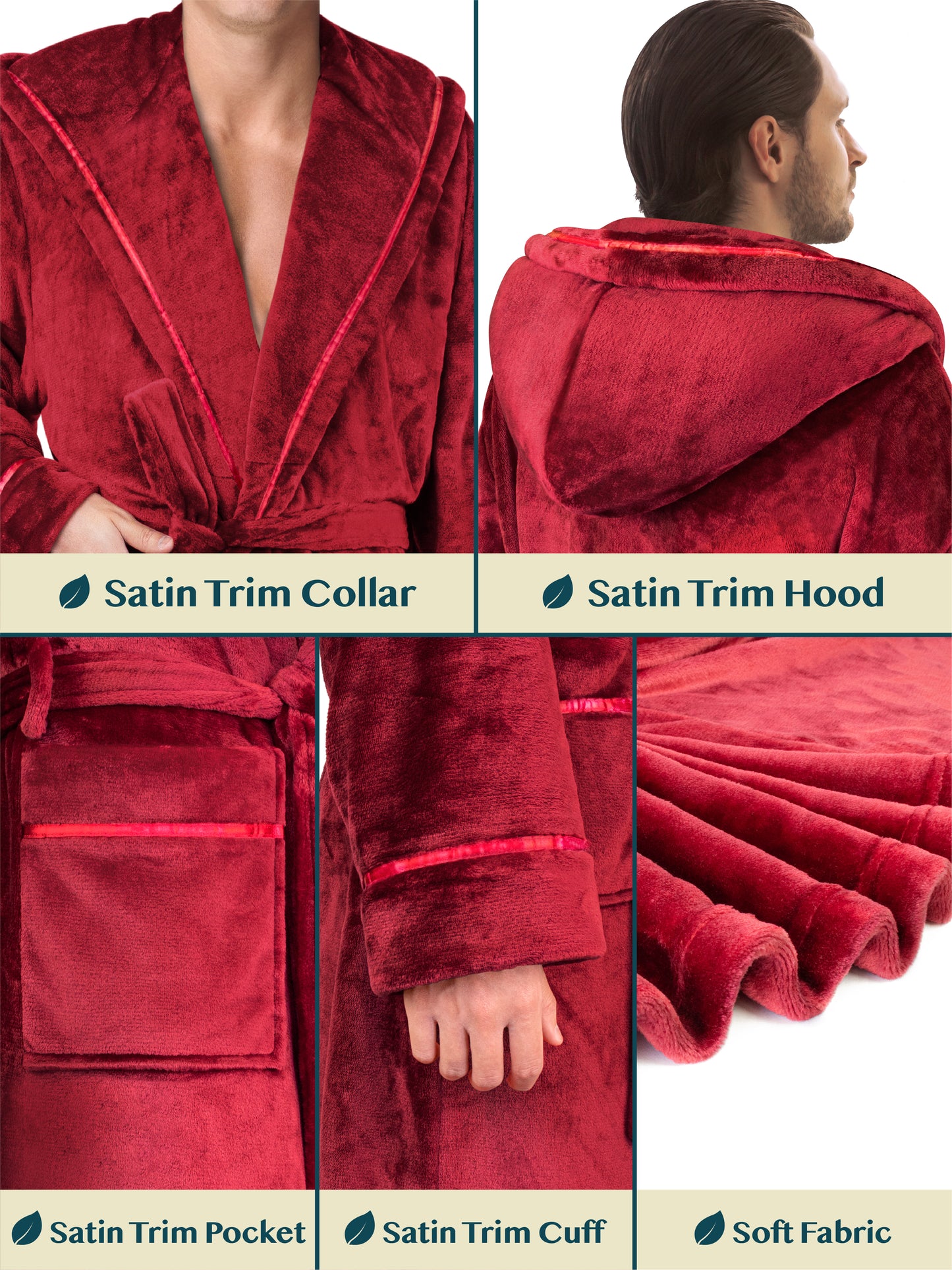 Men's Satin Trim Fleece Robe with Hood