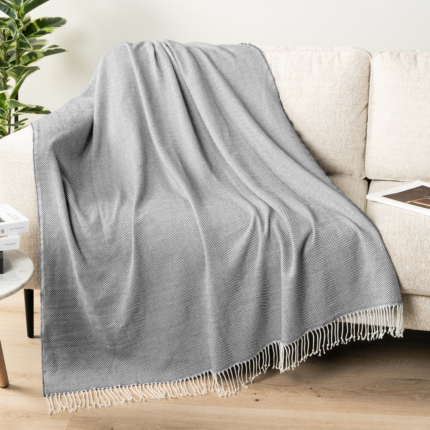 Herringbone Knit Fringe Throw Blanket