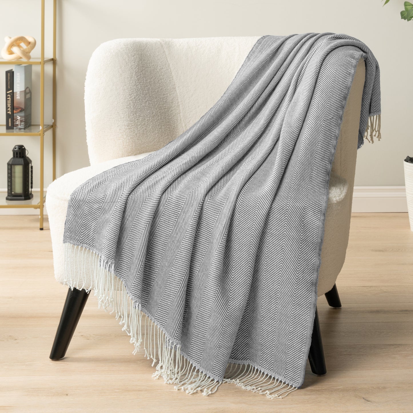 Herringbone Knit Fringe Throw Blanket