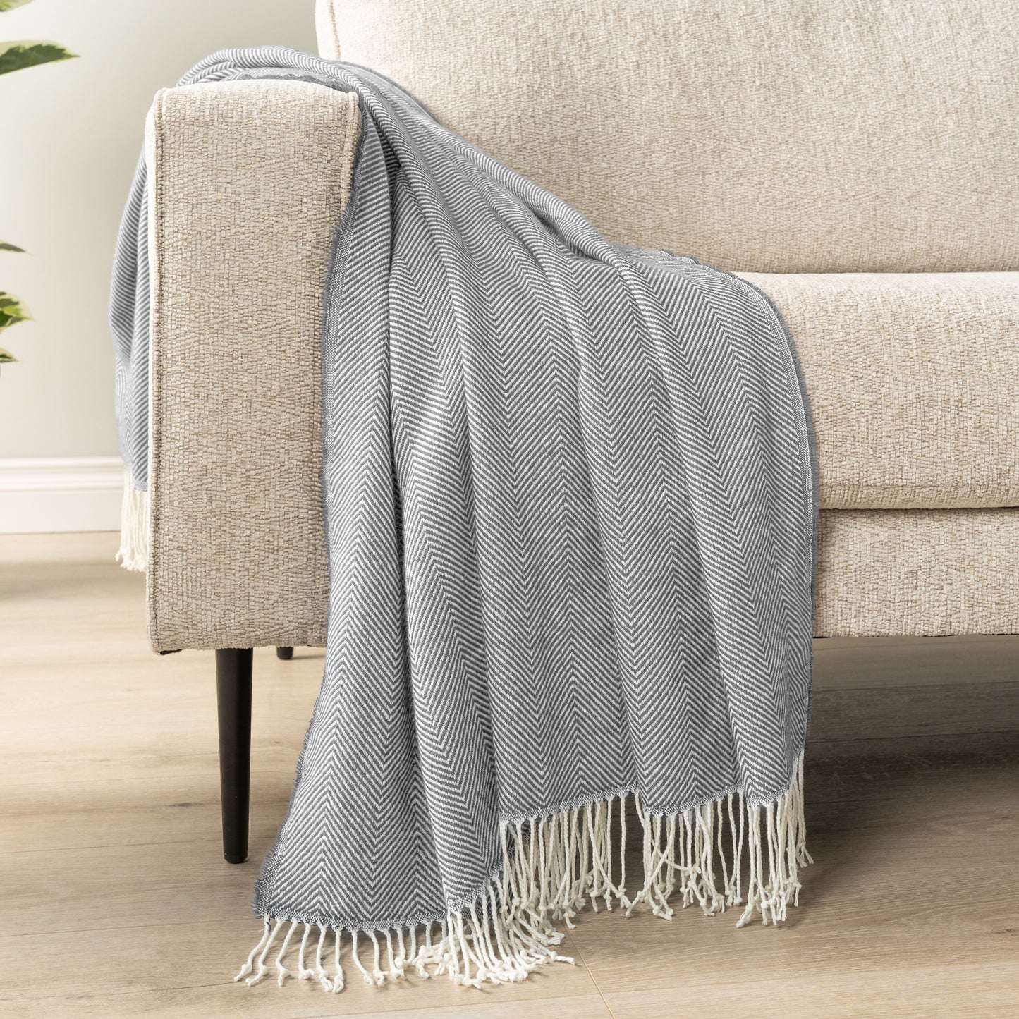 Herringbone Knit Fringe Throw Blanket