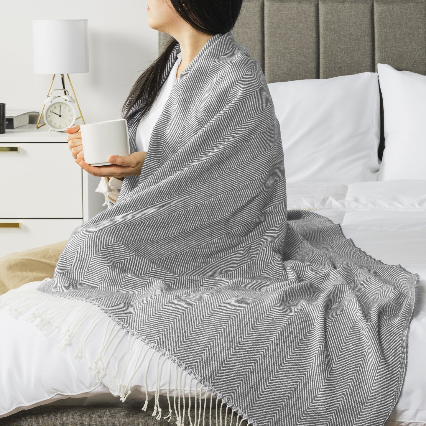 Herringbone Knit Fringe Throw Blanket