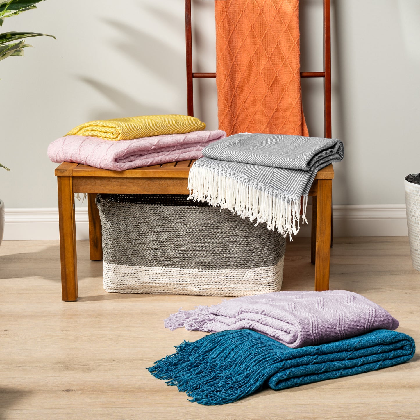 Herringbone Knit Fringe Throw Blanket