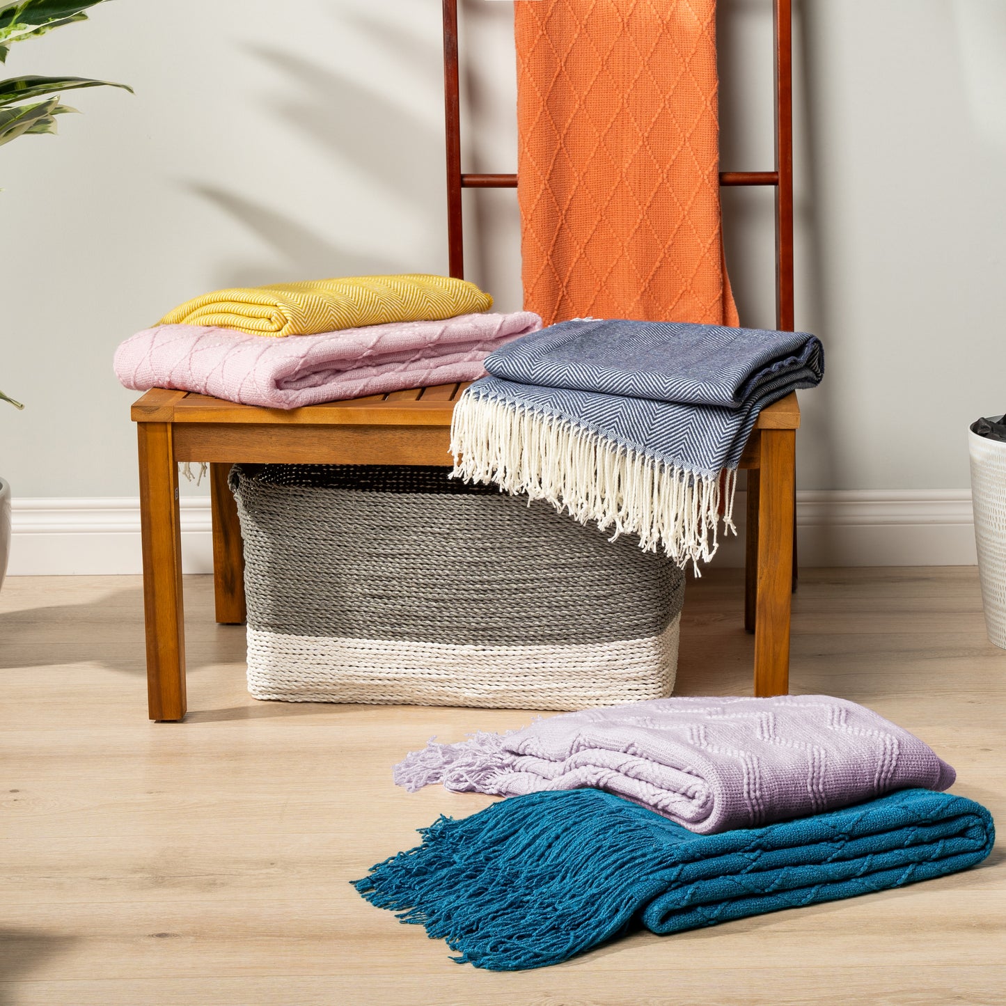 Herringbone Knit Fringe Throw Blanket