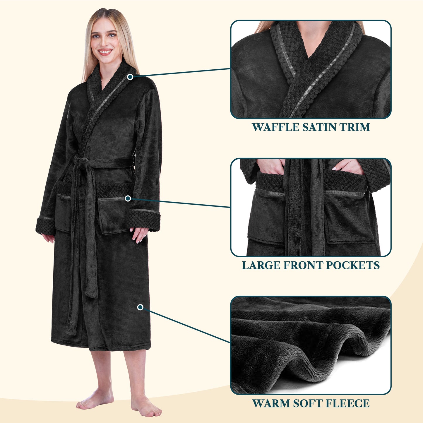 Women's Satin and Waffle Trim Fleece Robe