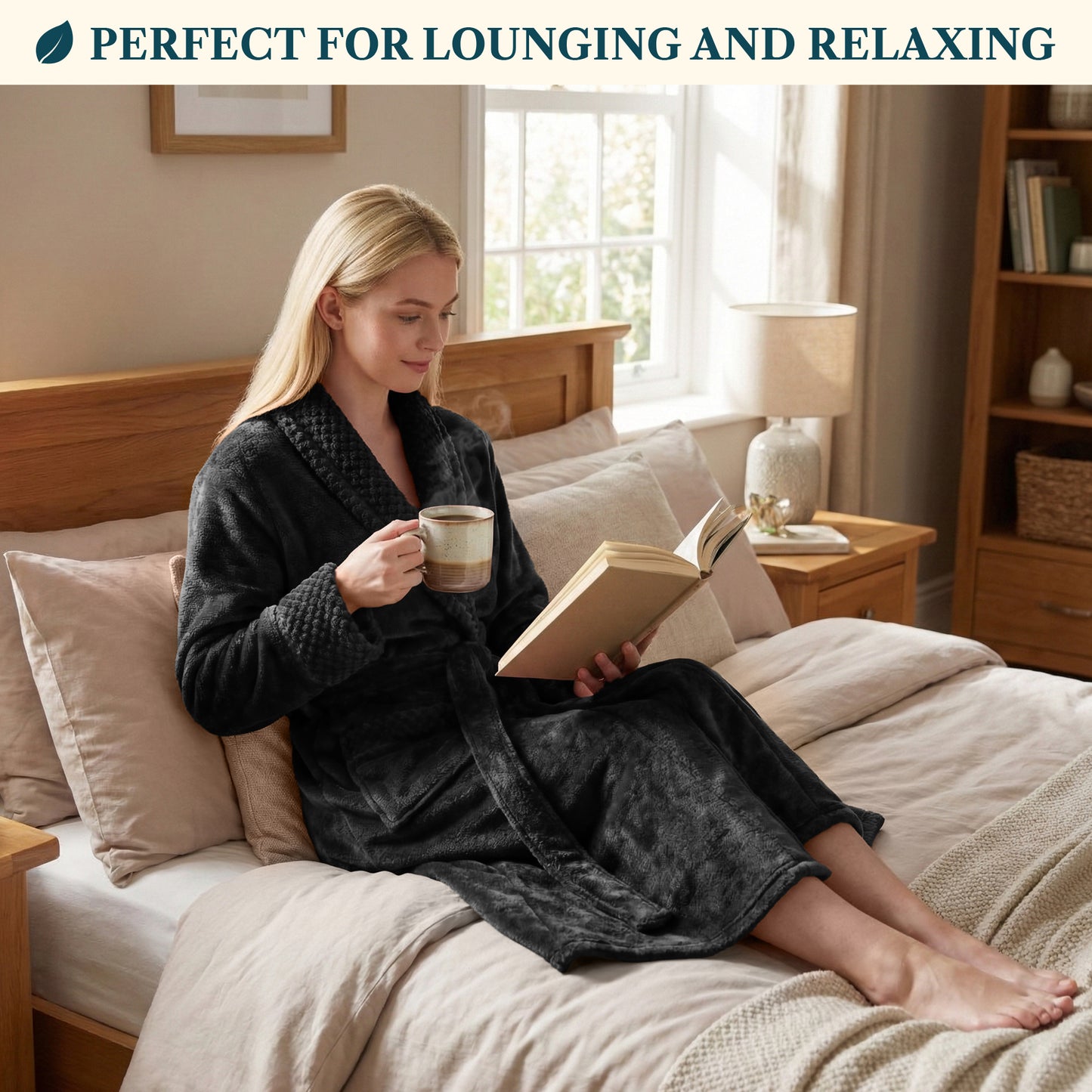 Women's Satin and Waffle Trim Fleece Robe