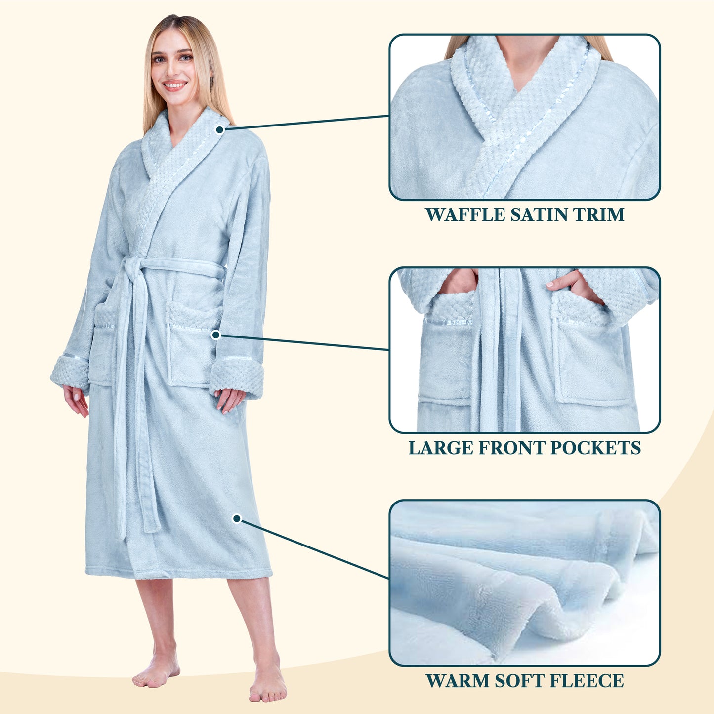 Women's Satin and Waffle Trim Fleece Robe