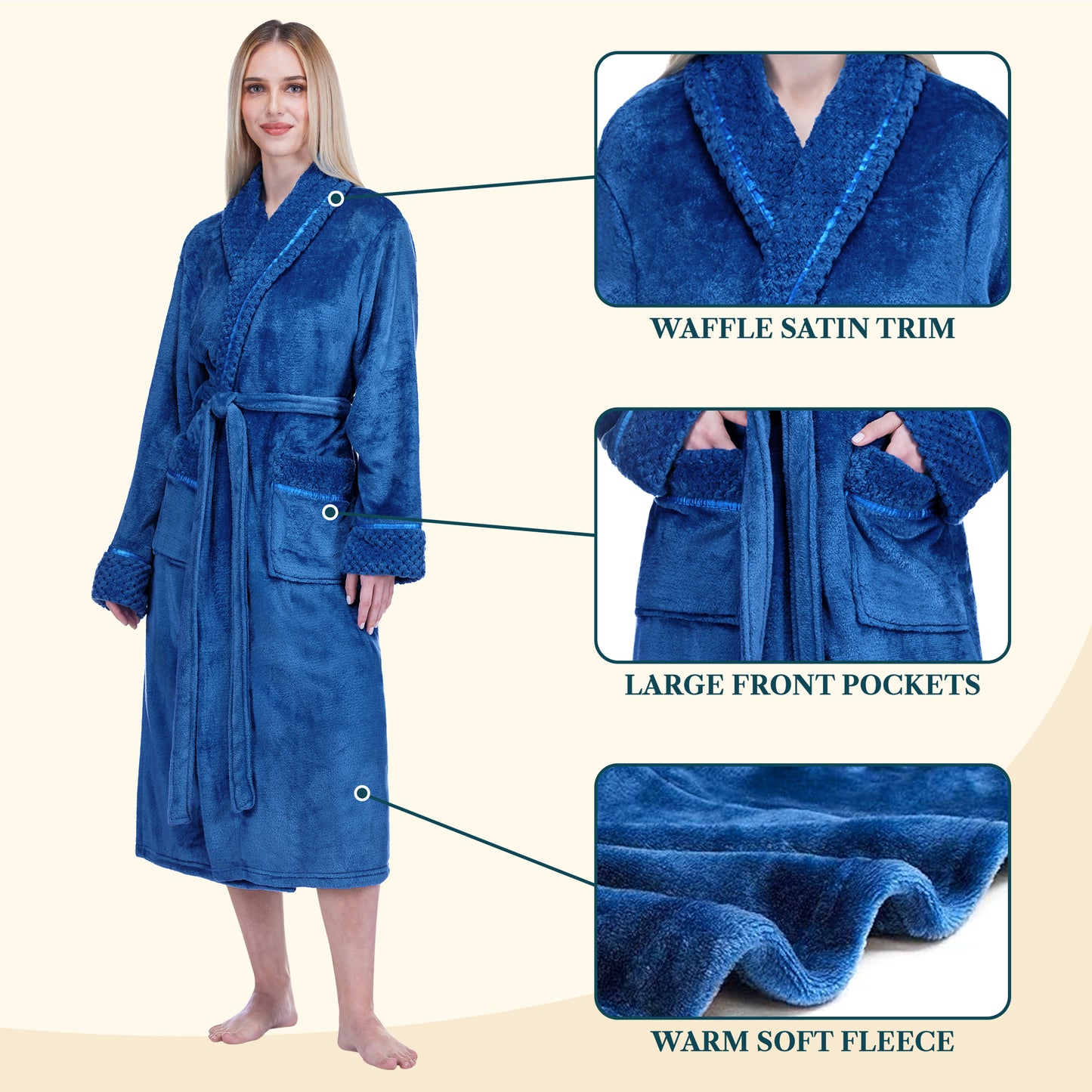 Women's Satin and Waffle Trim Fleece Robe