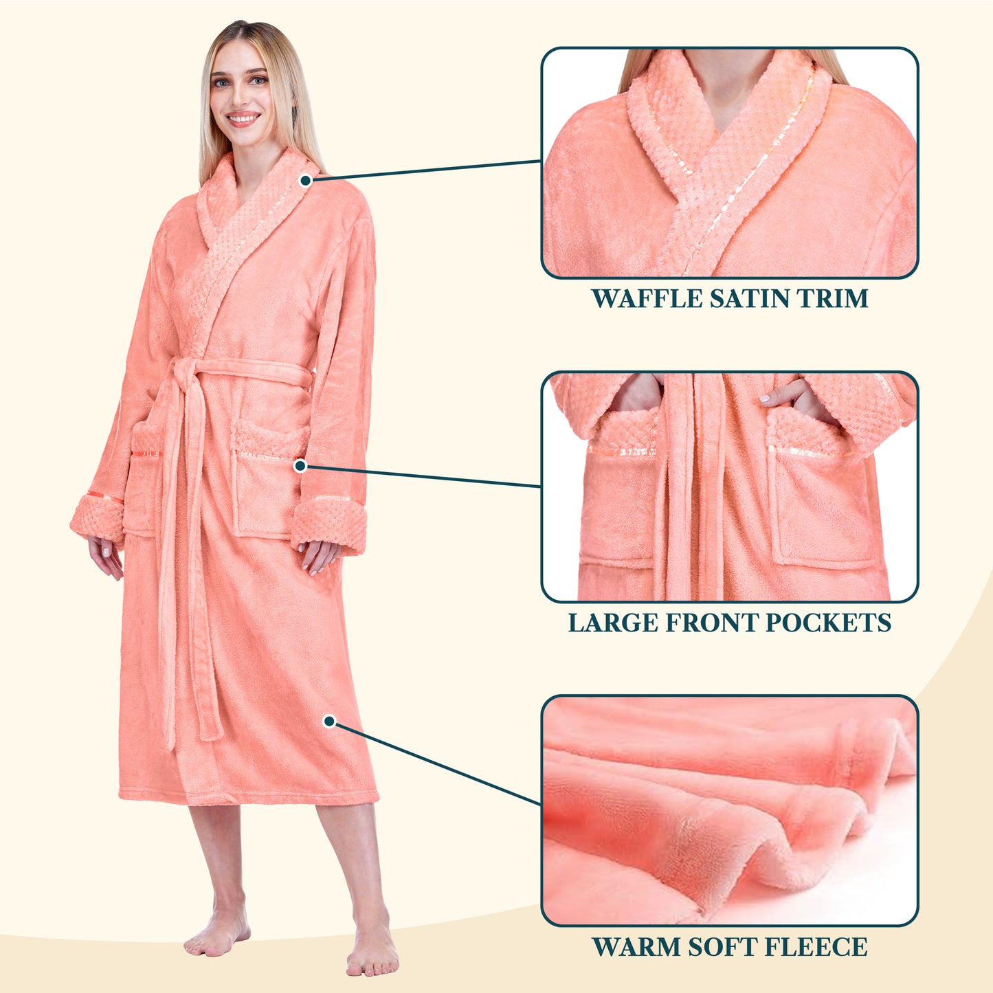 Women's Satin and Waffle Trim Fleece Robe
