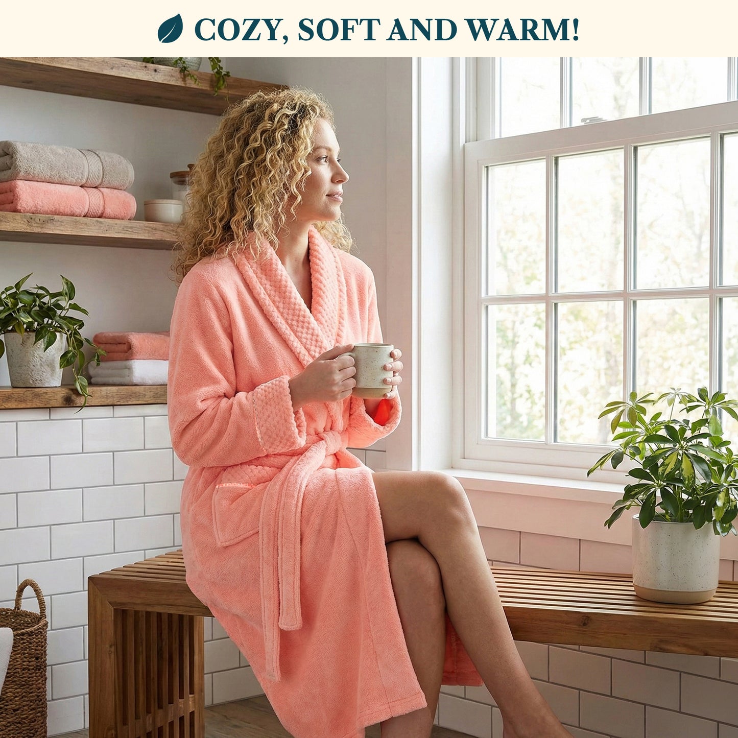 Women's Satin and Waffle Trim Fleece Robe