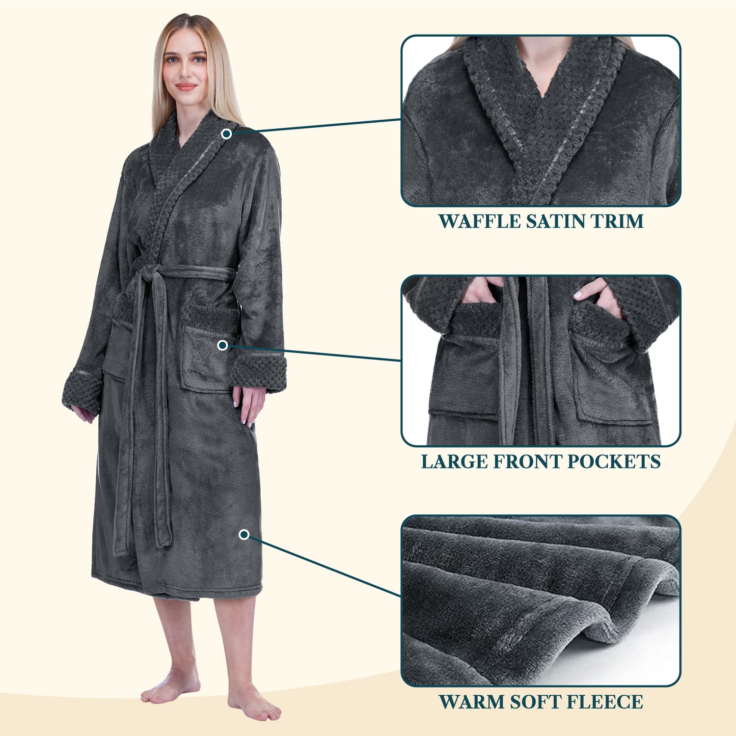 Women's Satin and Waffle Trim Fleece Robe