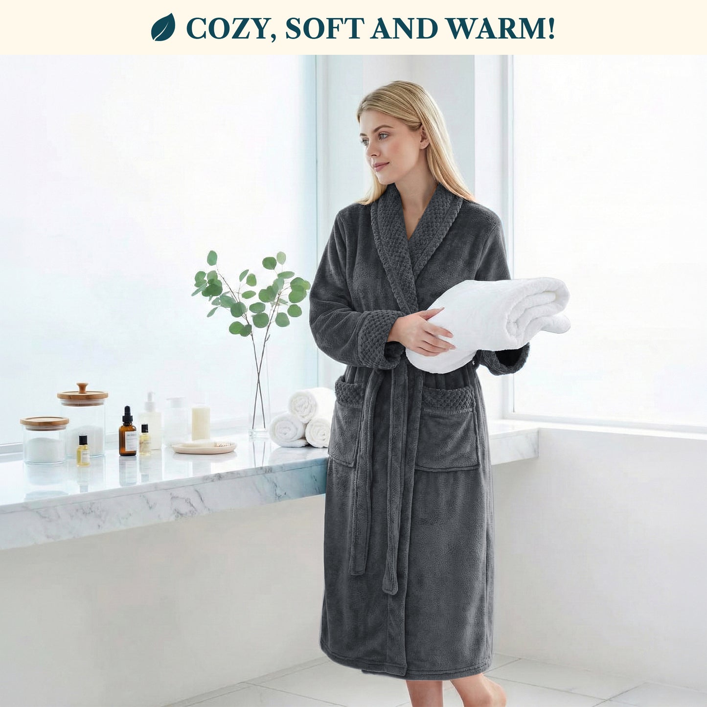 Women's Satin and Waffle Trim Fleece Robe