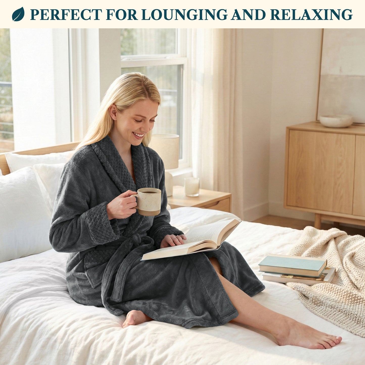 Women's Satin and Waffle Trim Fleece Robe