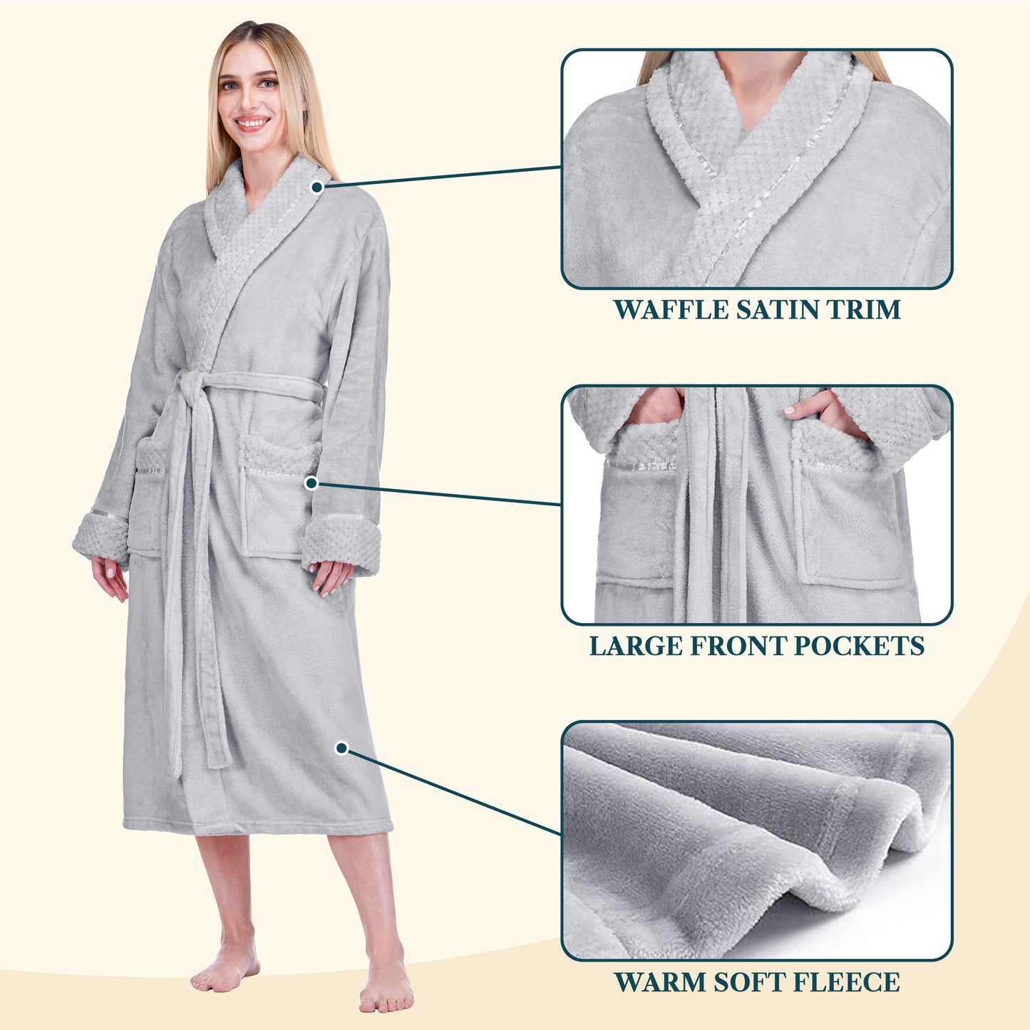 Women's Satin and Waffle Trim Fleece Robe