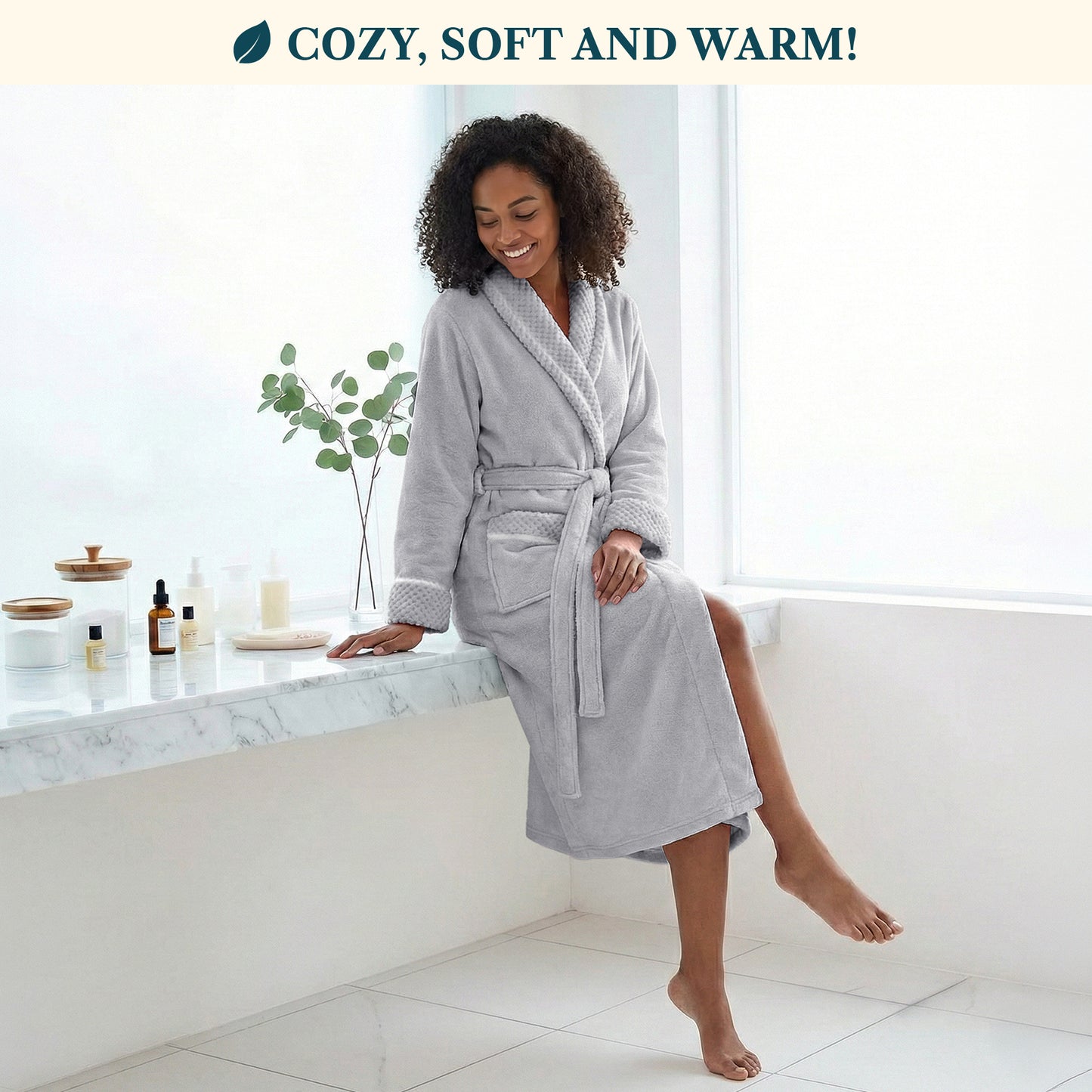 Women's Satin and Waffle Trim Fleece Robe