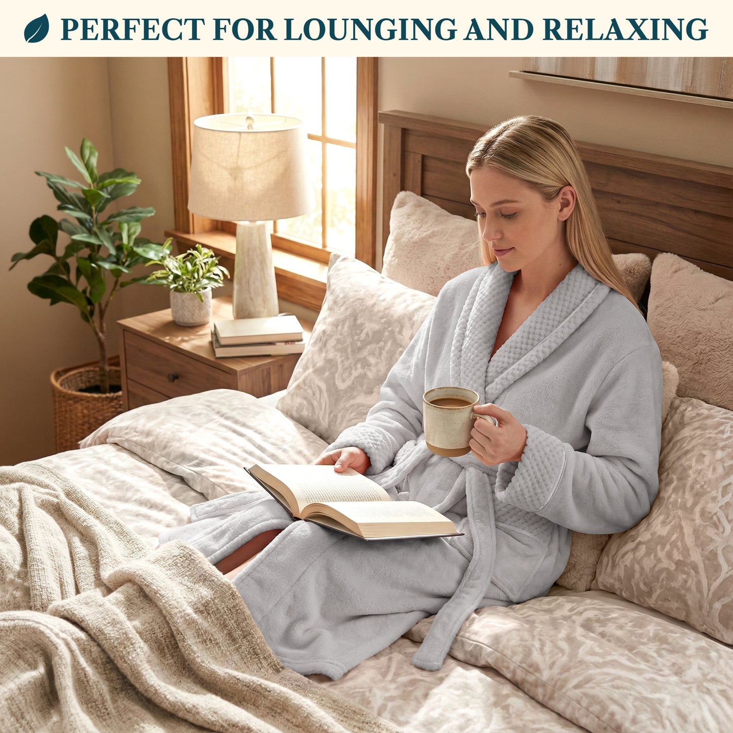 Women's Satin and Waffle Trim Fleece Robe