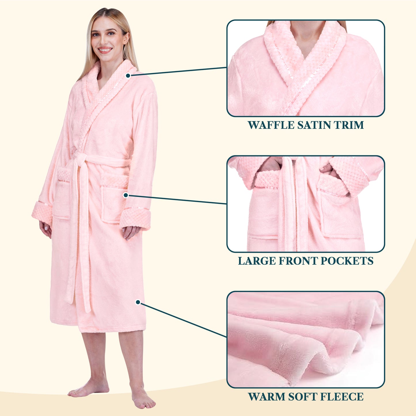Women's Satin and Waffle Trim Fleece Robe