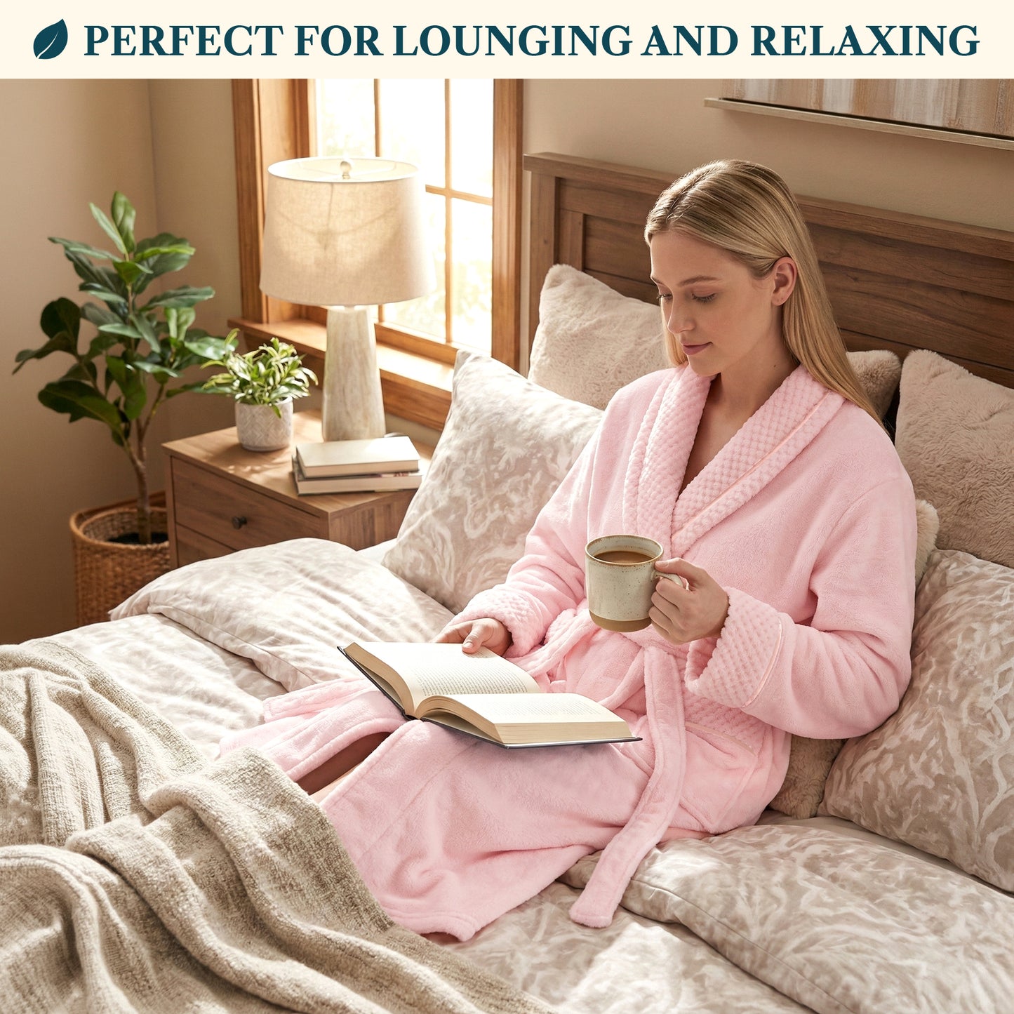 Women's Satin and Waffle Trim Fleece Robe