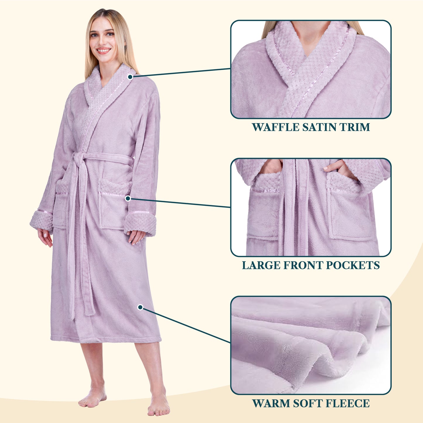 Women's Satin and Waffle Trim Fleece Robe