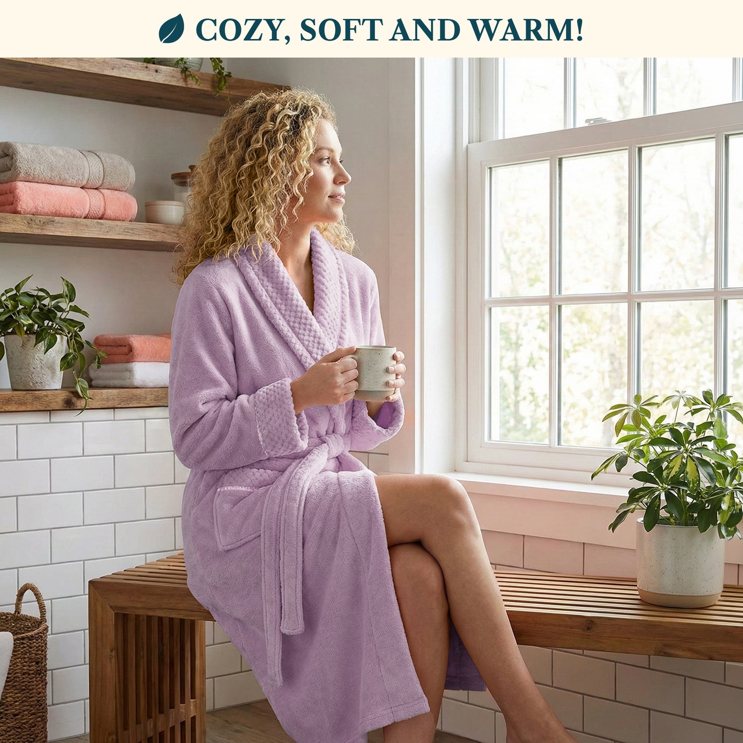 Women's Satin and Waffle Trim Fleece Robe