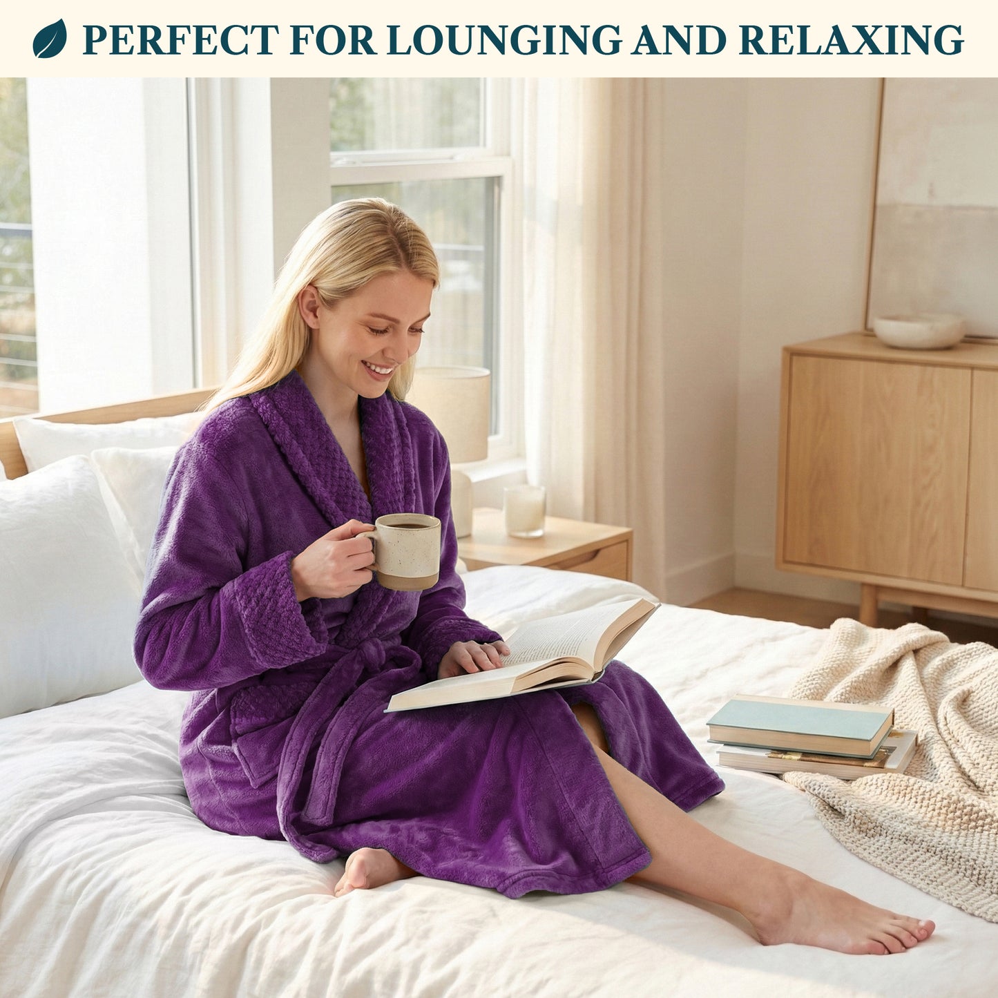 Women's Satin and Waffle Trim Fleece Robe