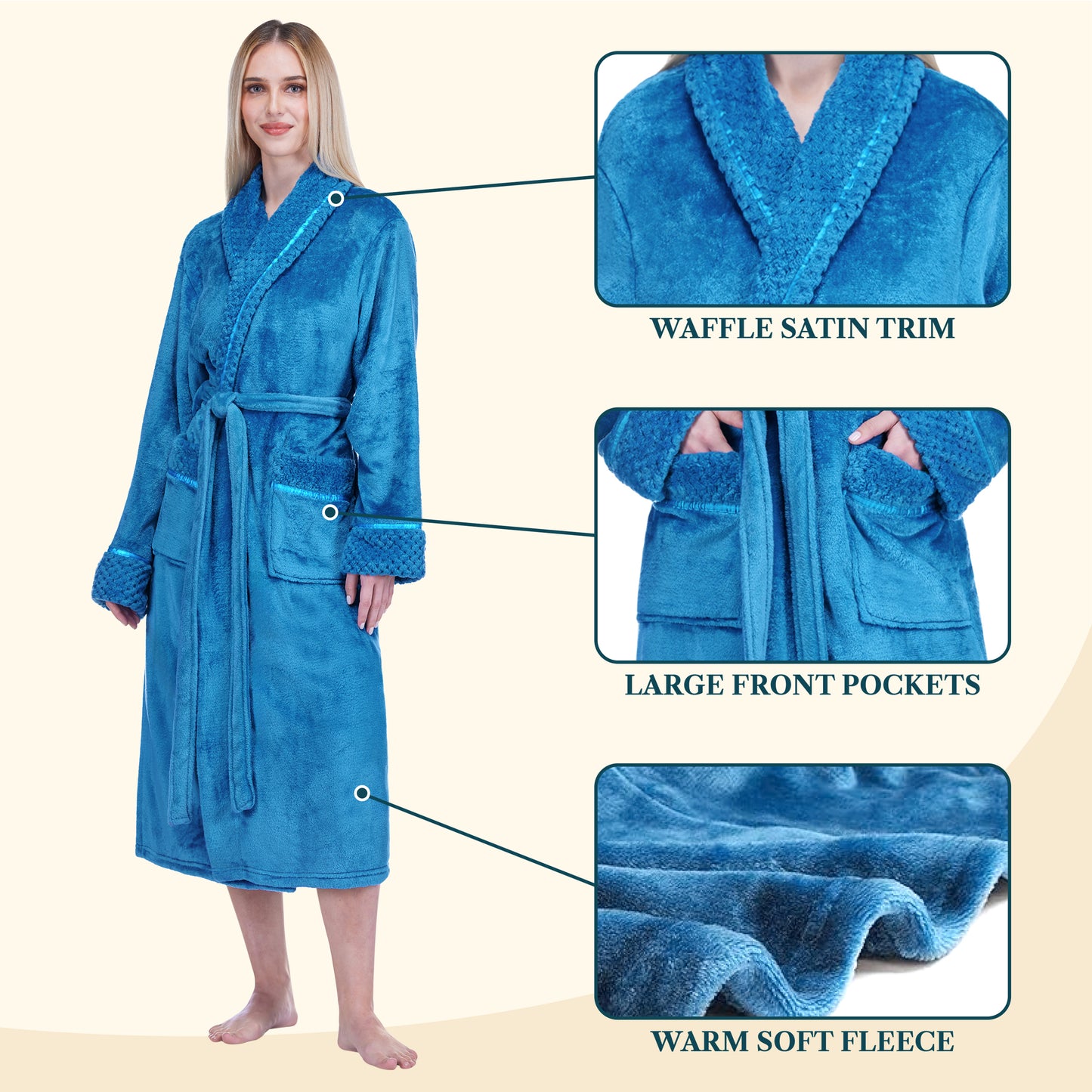 Women's Satin and Waffle Trim Fleece Robe