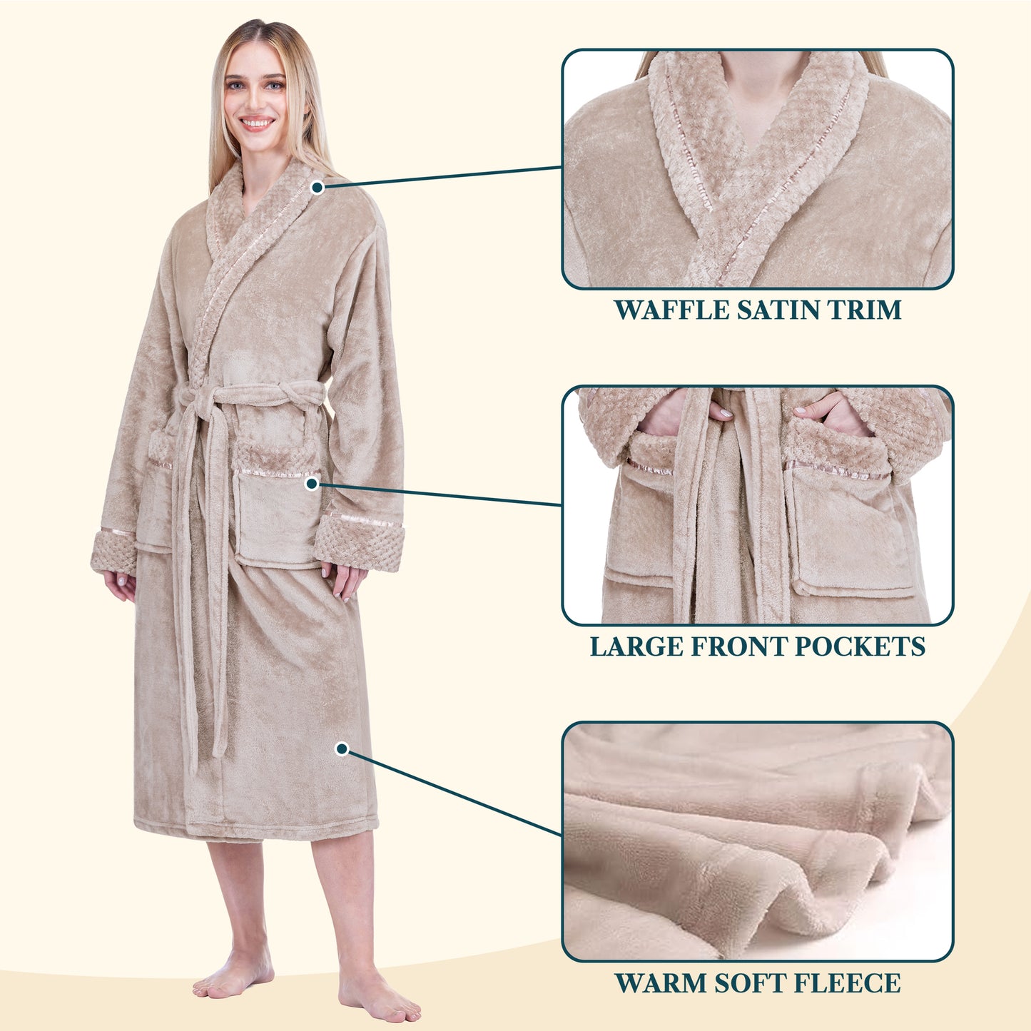 Women's Satin and Waffle Trim Fleece Robe