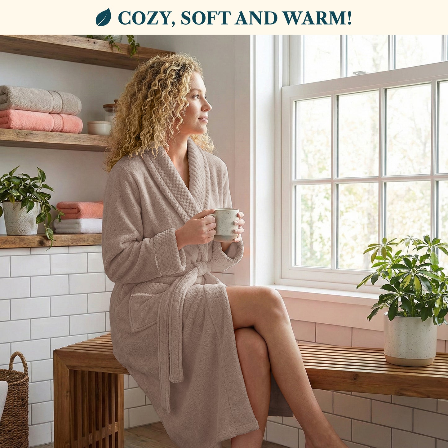 Women's Satin and Waffle Trim Fleece Robe