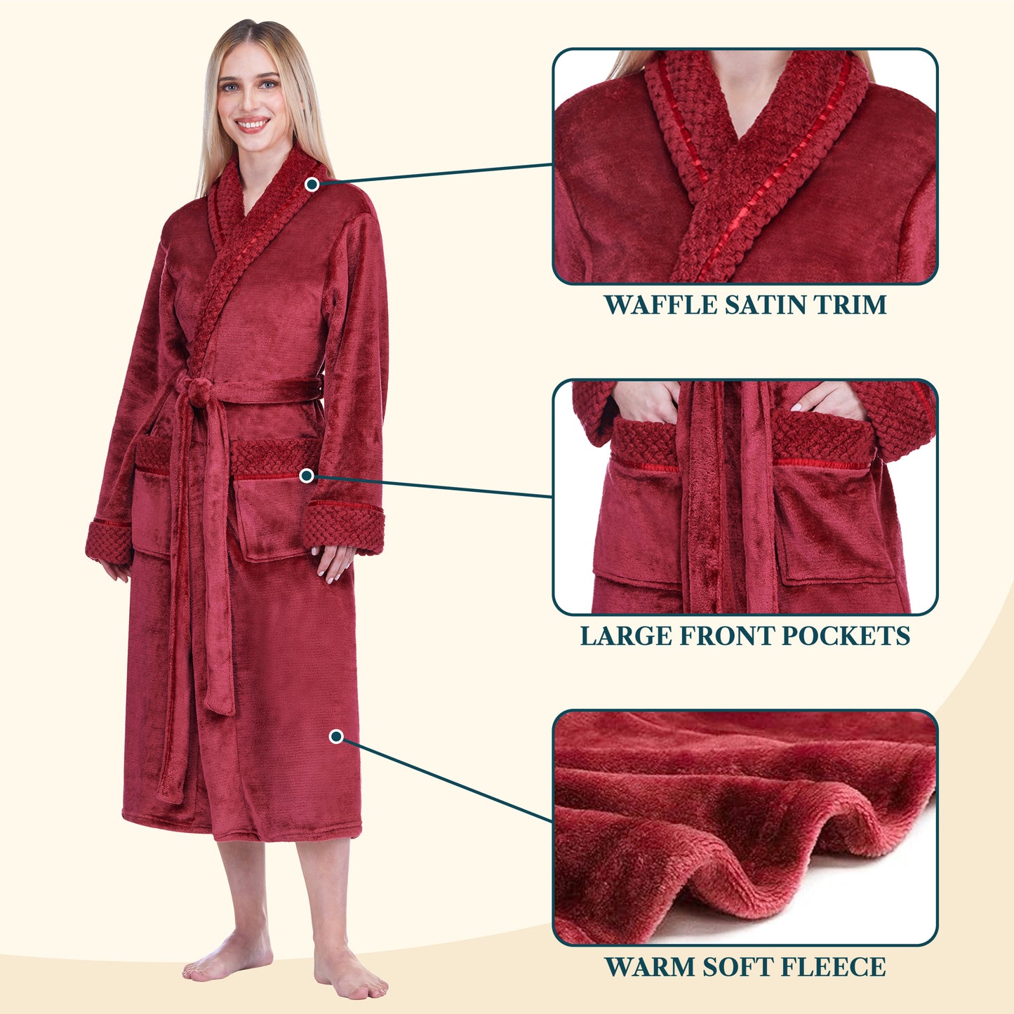 Women's Satin and Waffle Trim Fleece Robe