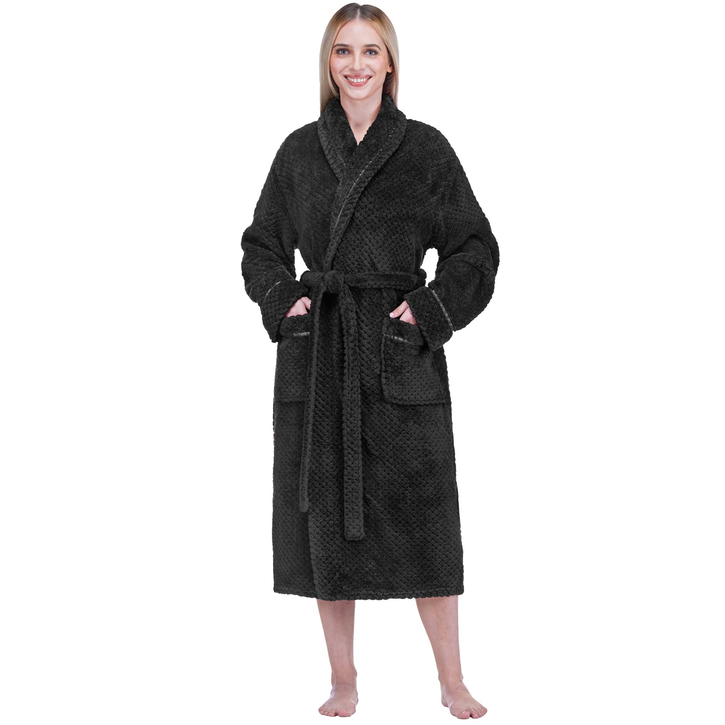 Women's Waffle Textured Satin Trim Fleece Robe