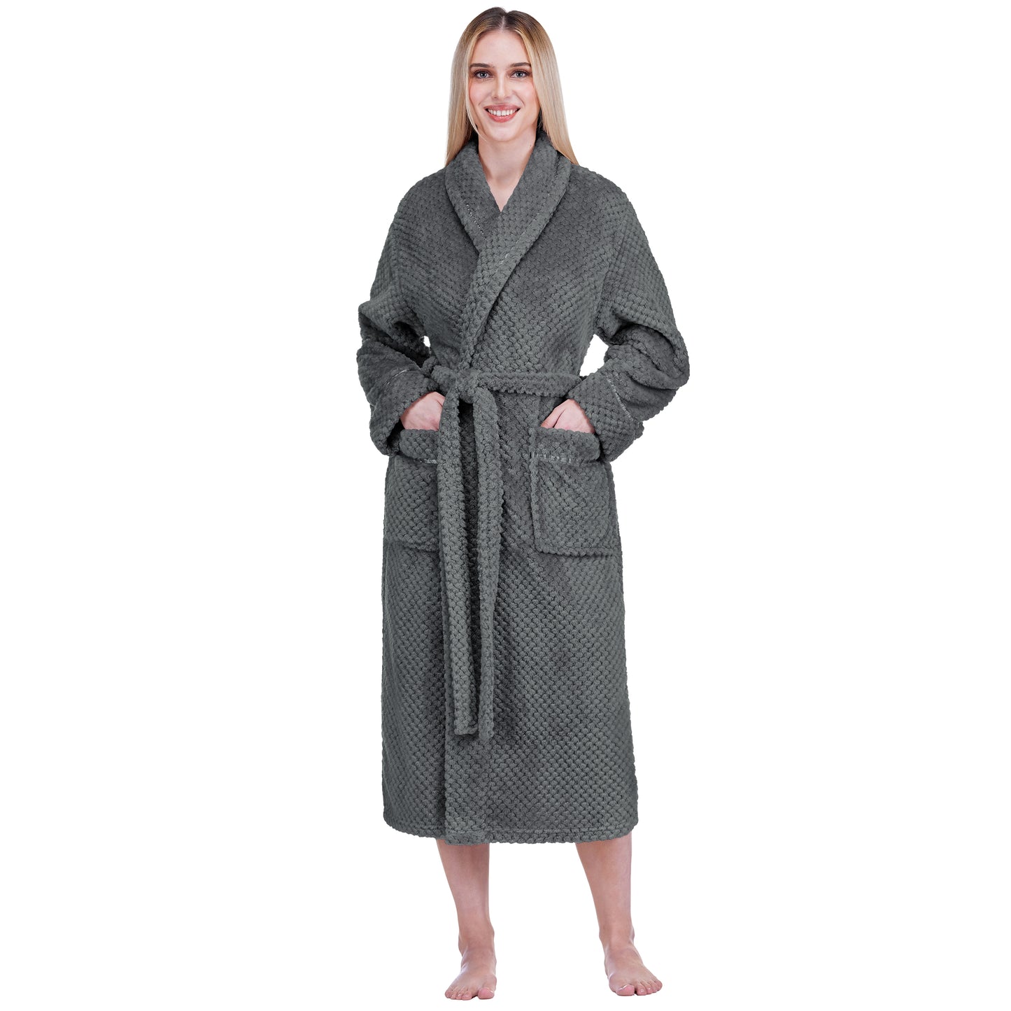 Women's Waffle Textured Satin Trim Fleece Robe