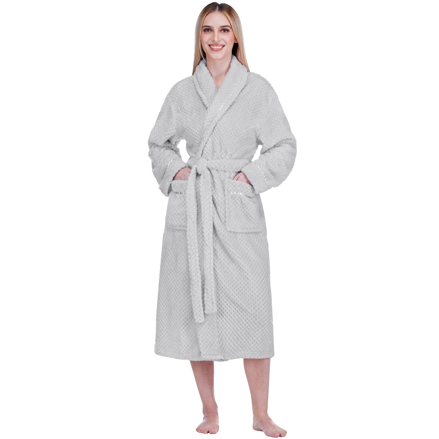 Women's Waffle Textured Satin Trim Fleece Robe