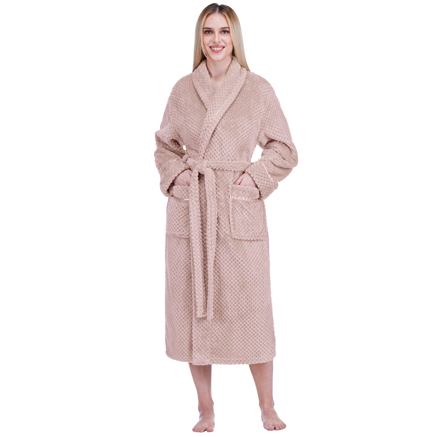 Women's Waffle Textured Satin Trim Fleece Robe