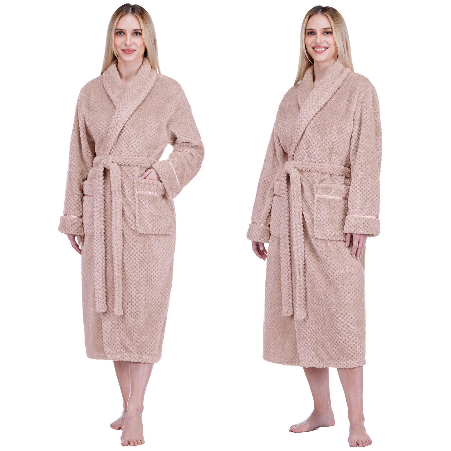 Women's Waffle Textured Satin Trim Fleece Robe