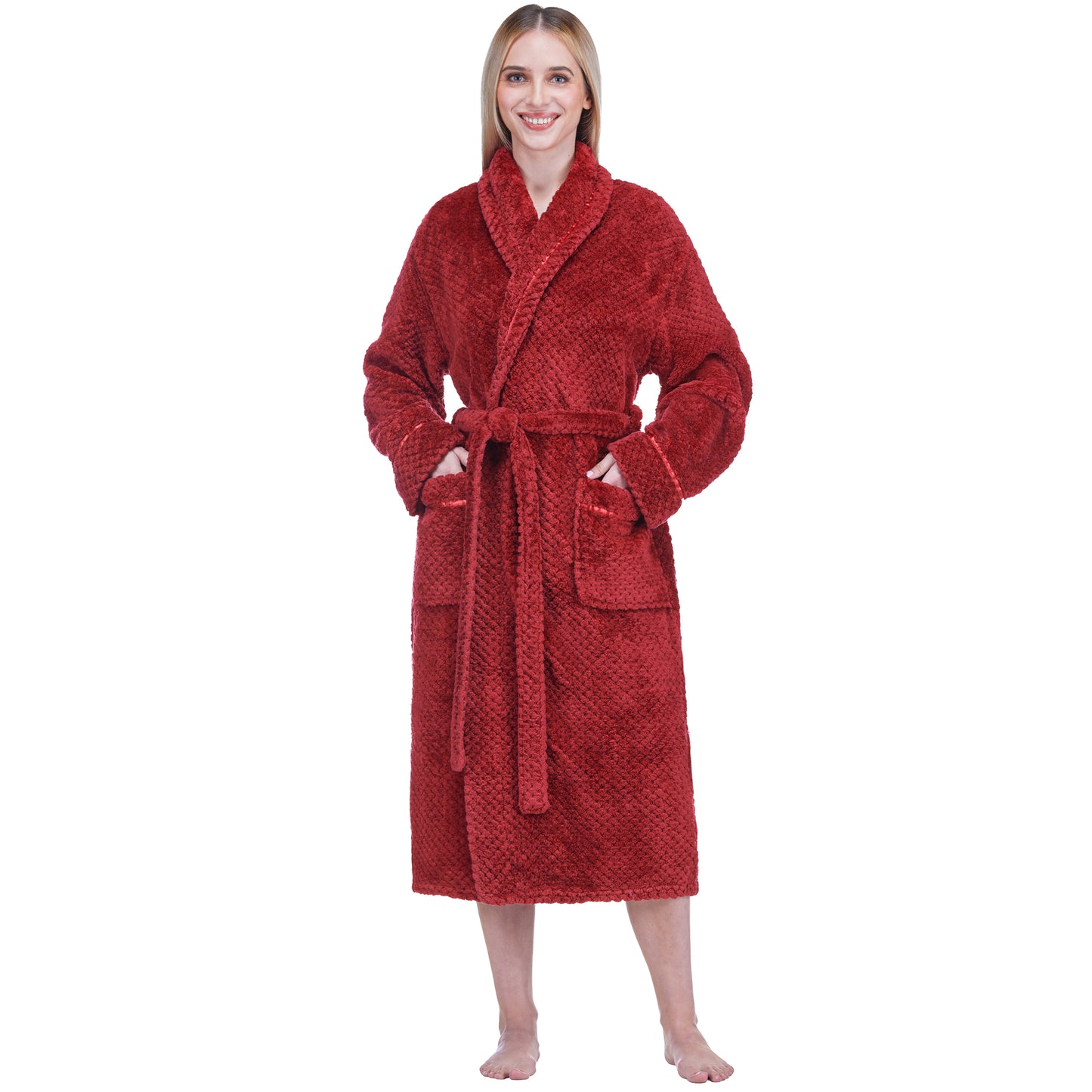 Women's Waffle Textured Satin Trim Fleece Robe