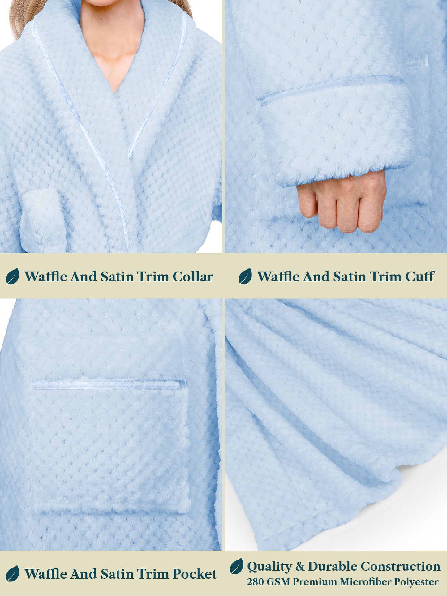 Women's Waffle Textured Satin Trim Fleece Robe