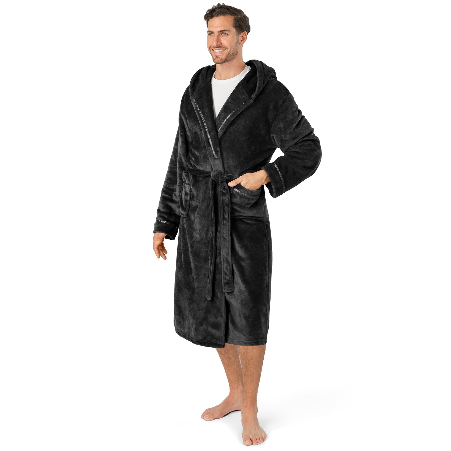 Men's Satin Trim Fleece Robe with Hood