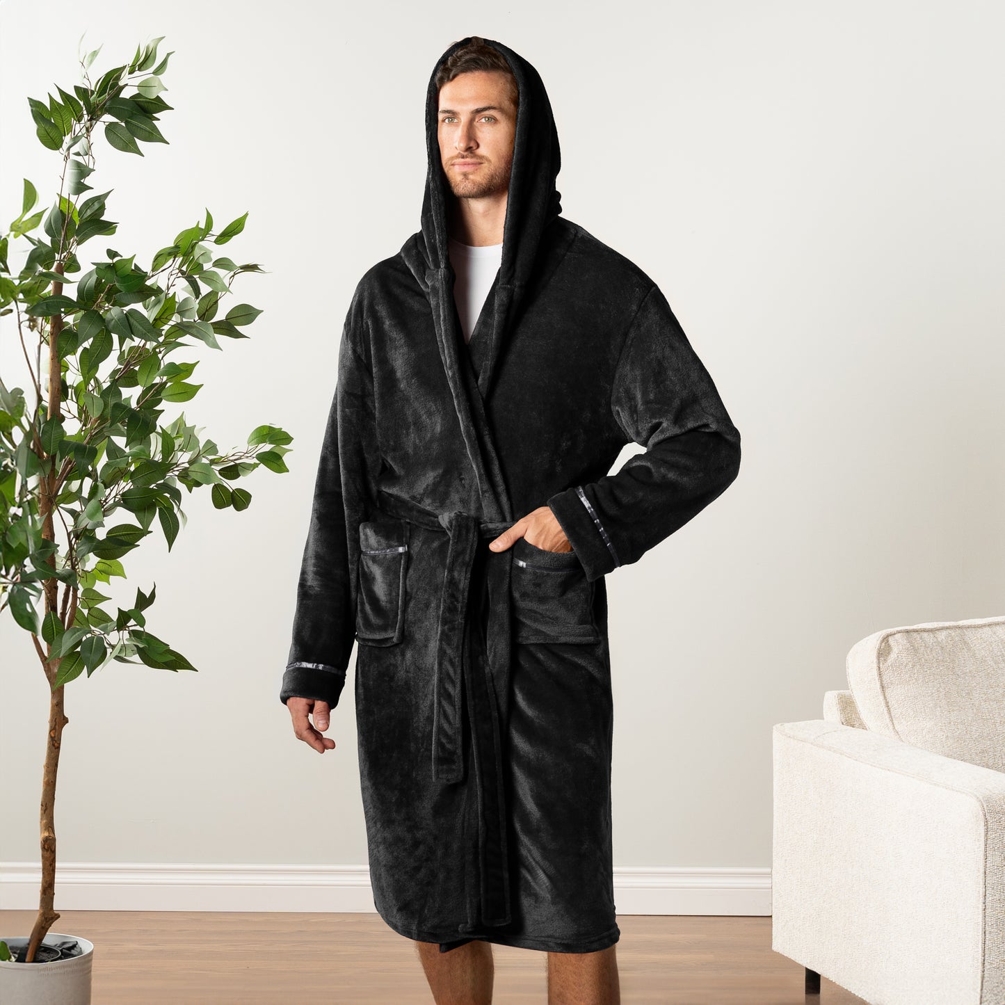 Men's Satin Trim Fleece Robe with Hood