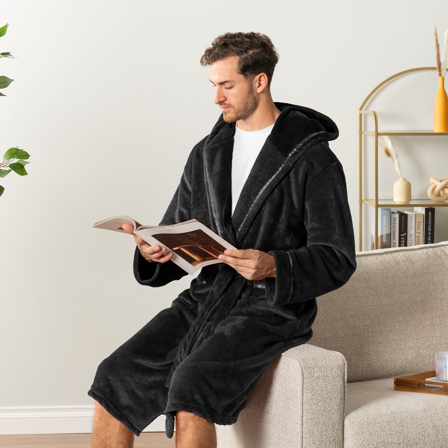 Men's Satin Trim Fleece Robe with Hood
