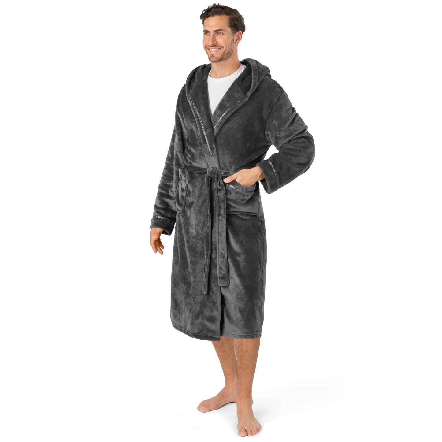 Men's Satin Trim Fleece Robe with Hood