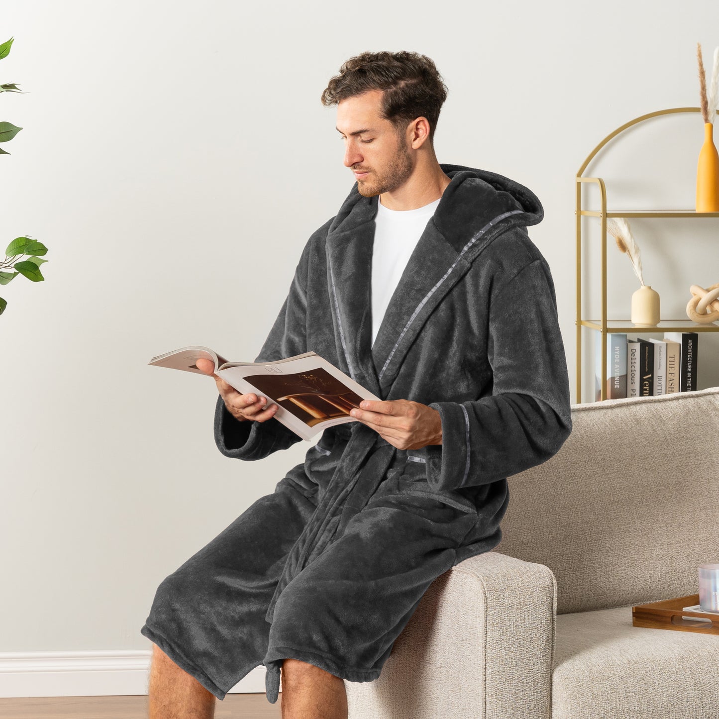 Men's Satin Trim Fleece Robe with Hood