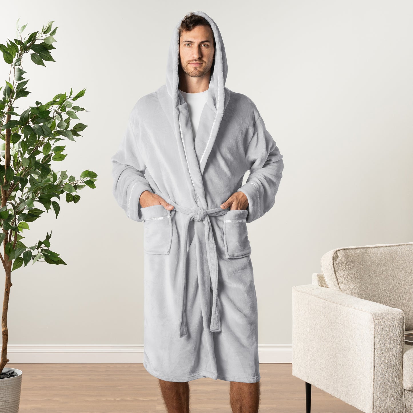 Men's Satin Trim Fleece Robe with Hood