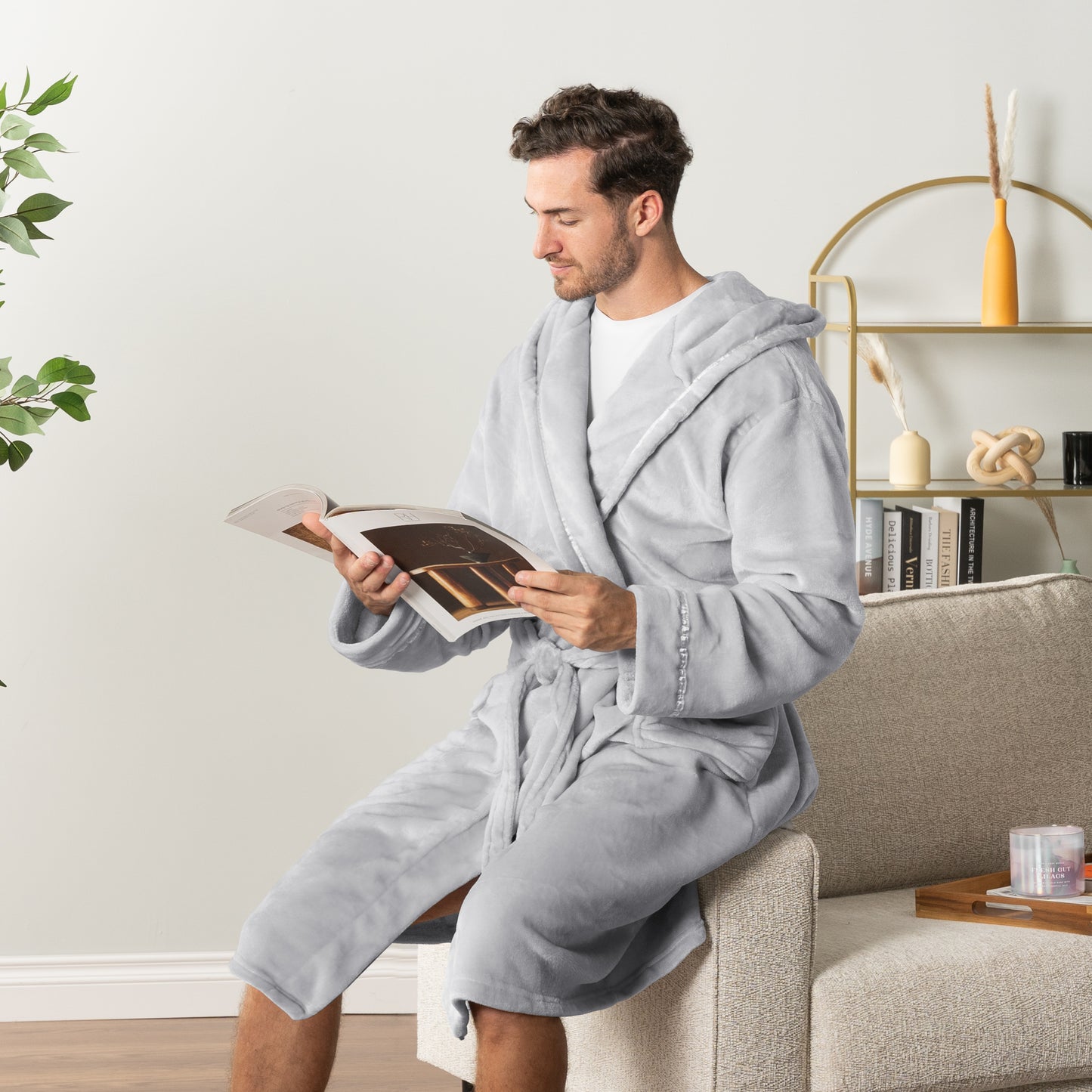 Men's Satin Trim Fleece Robe with Hood