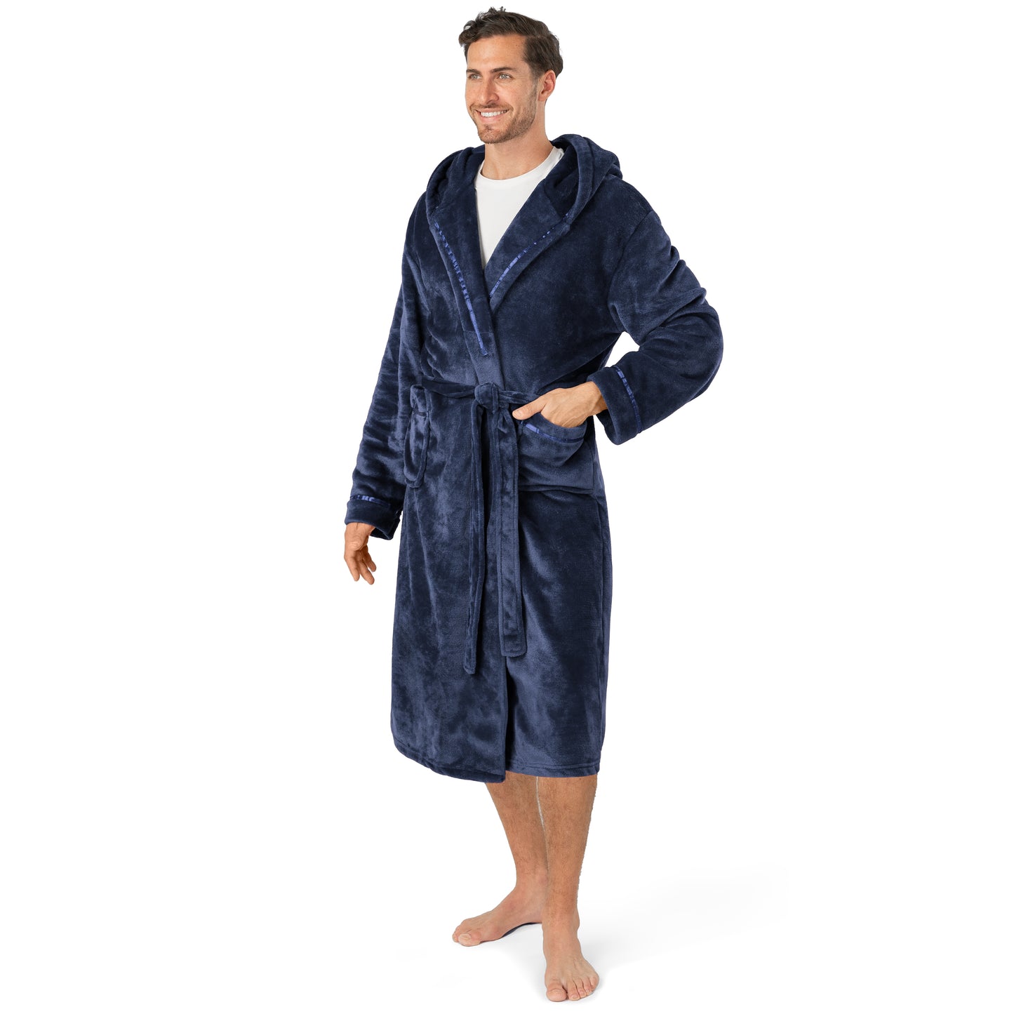 Men's Satin Trim Fleece Robe with Hood