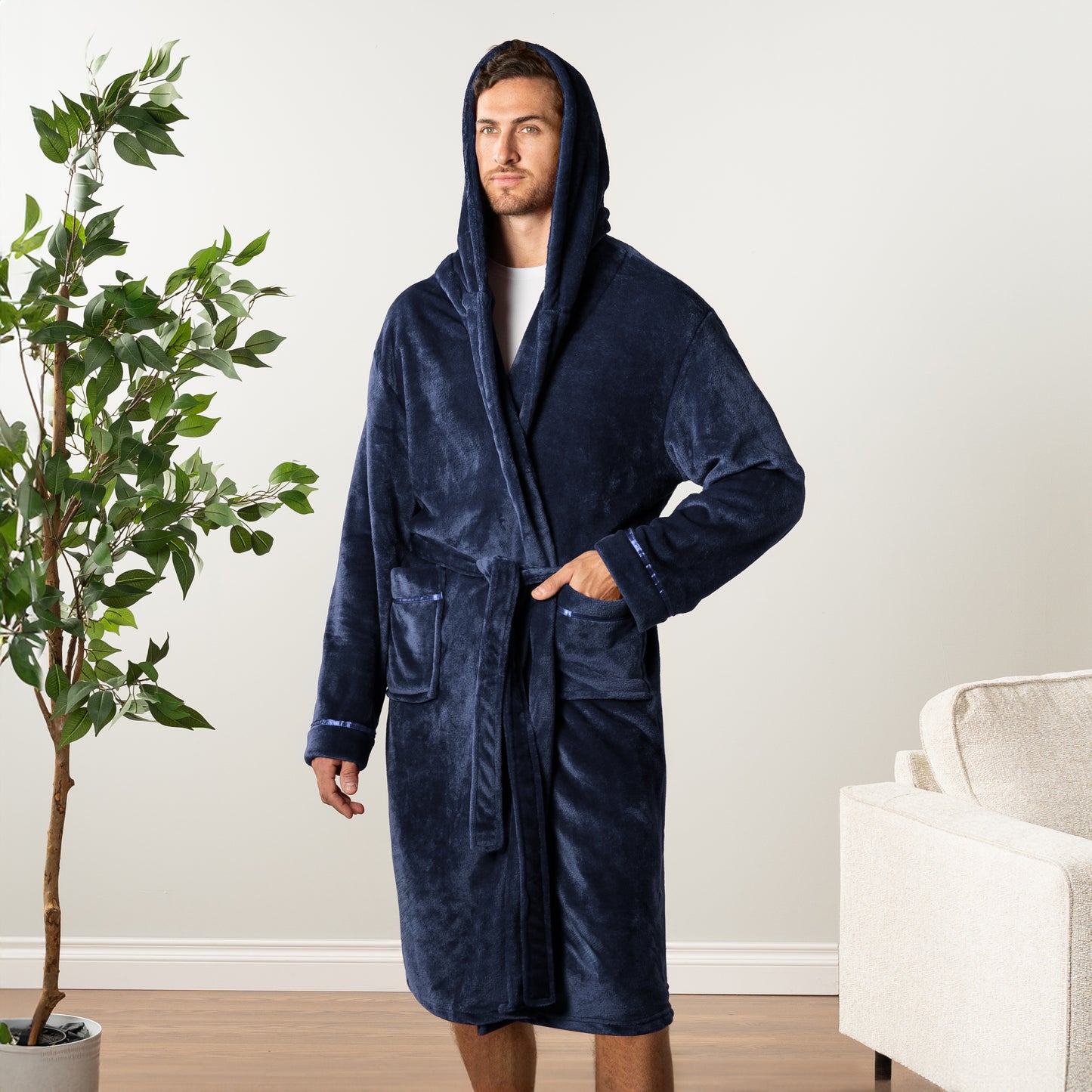 Men's Satin Trim Fleece Robe with Hood