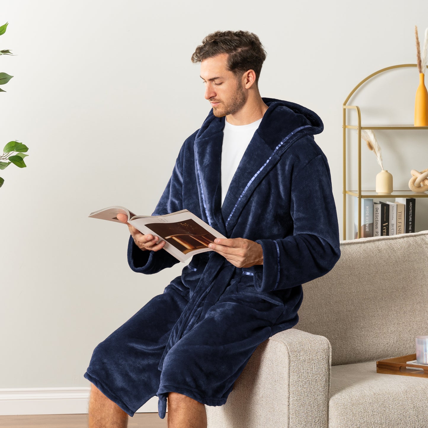 Men's Satin Trim Fleece Robe with Hood