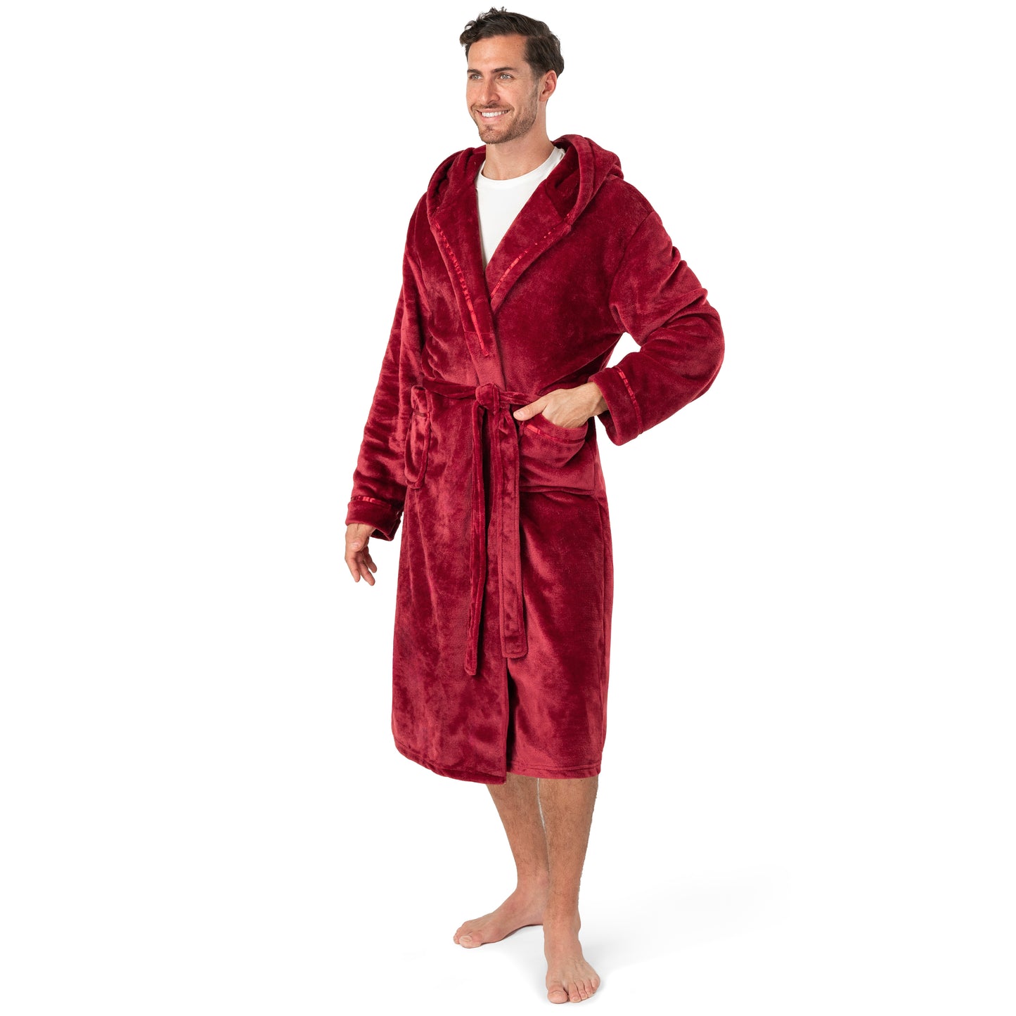 Men's Satin Trim Fleece Robe with Hood